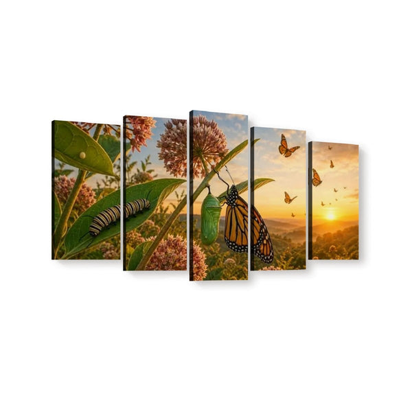 A five-panel canvas wall art set depicting a butterfly and chrysalis scene with flowers, leaves, and a sunset sky, shown against a plain white background.