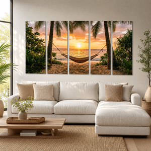 Hammock & Palm Trees Sunset Canvas Wall Art – Drift Into Sunset | 5-Panel Level Coastal Beach Print