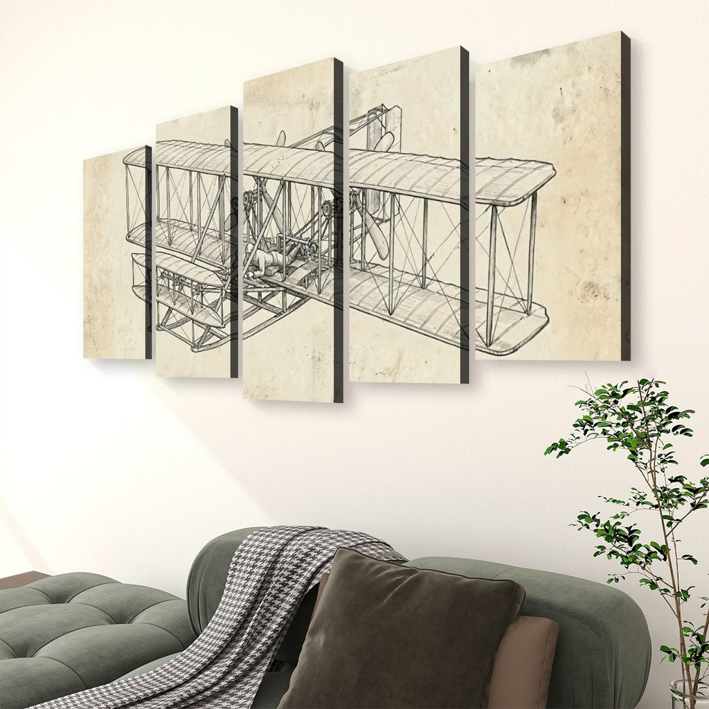 Wright Brothers First Flight Canvas Wall Art – Aviation History Sketch Print | 5-Panel Level