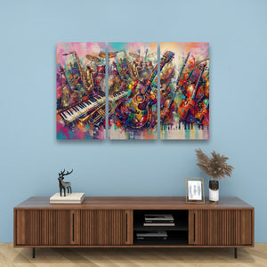A three-panel canvas wall art set depicting a colorful, textured painting of musical instruments including guitars, violins, pianos, and brass instruments, displayed on a light blue wall above a wooden console table.