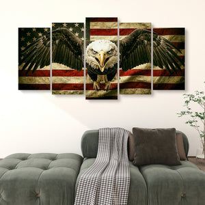 A five-panel canvas wall art set depicting a bald eagle with spread wings over a distressed American flag, displayed above a green sofa in a living room setting.