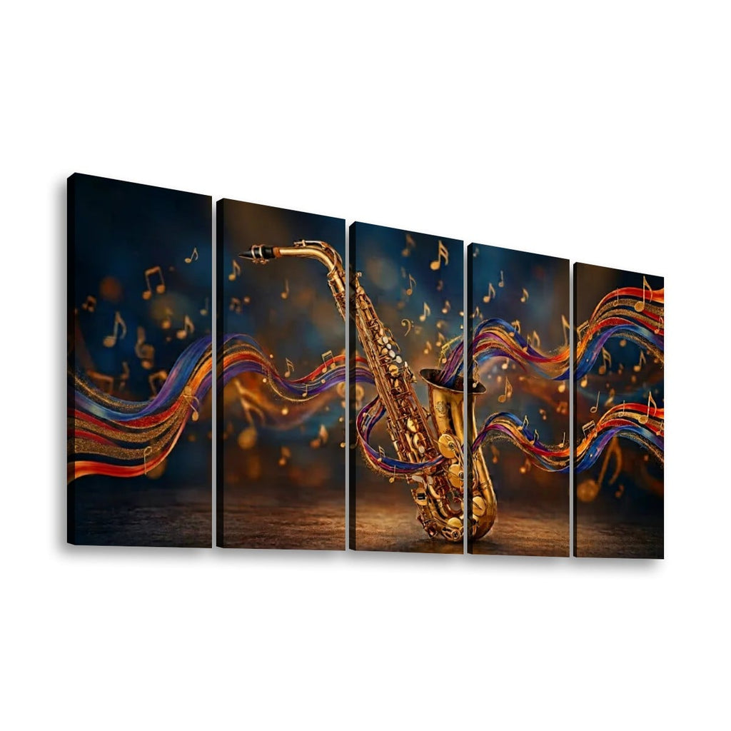 A five-panel canvas wall art set depicting a golden saxophone with flowing multicolored musical notes and ribbons against a dark blue and orange background.