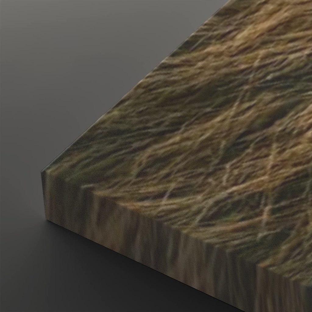 A close-up of a rectangular panel or board with a realistic grassy texture in brown, tan, and olive tones, shown at an angle against a dark gray background.