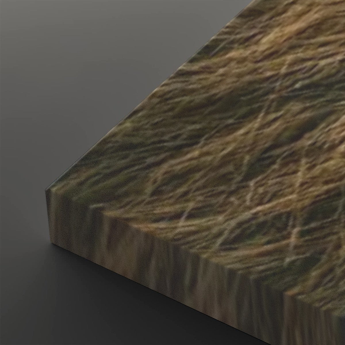 A close-up of a rectangular panel or board with a realistic grassy texture in brown, tan, and olive tones, shown at an angle against a dark gray background.