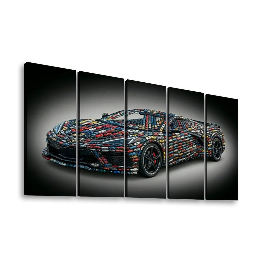 A five-panel canvas wall art set depicting a sports car covered in colorful, patterned blocks on a dark gradient background.