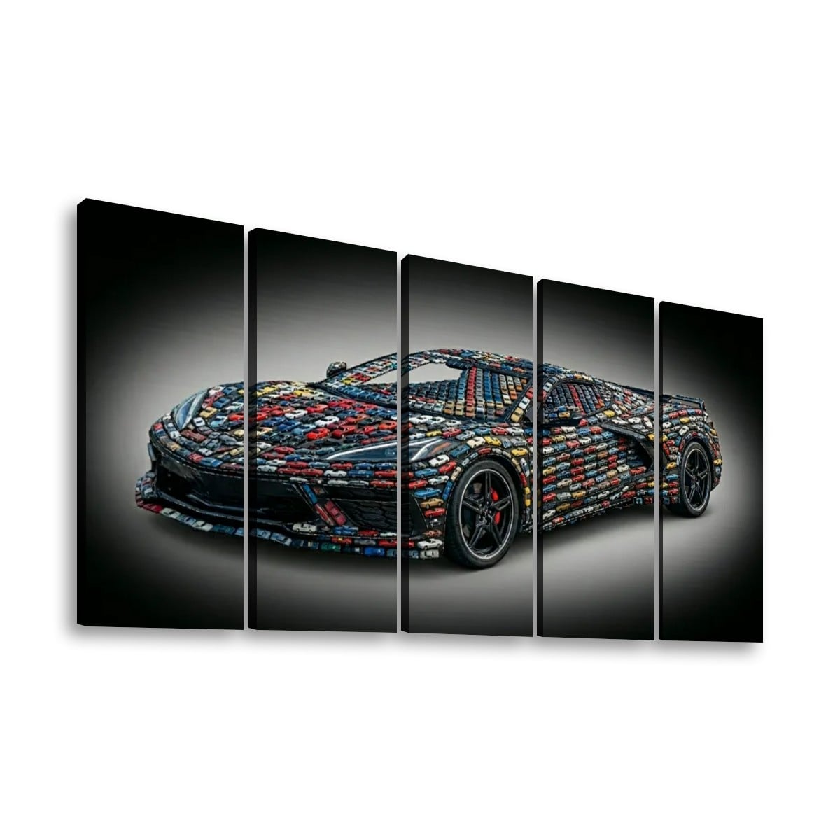 A five-panel canvas wall art set depicting a sports car covered in colorful, patterned blocks on a dark gradient background.