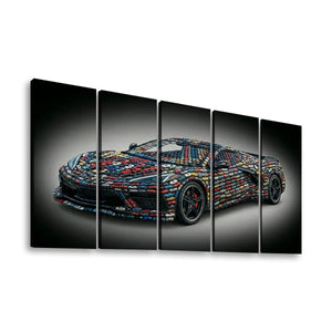 A five-panel canvas wall art set depicting a sports car covered in colorful, patterned blocks on a dark gradient background.