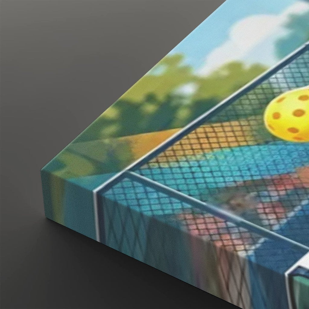 A close-up of a rectangular canvas or print showing a colorful outdoor tennis court scene with a yellow ball, net, trees, and sky, photographed against a dark gray background.
