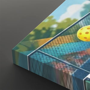 A close-up of a rectangular canvas or print showing a colorful outdoor tennis court scene with a yellow ball, net, trees, and sky, photographed against a dark gray background.