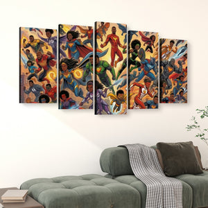 A five-panel canvas wall art set depicting a dynamic group of superheroes in action, displayed on a white wall above a green sofa in a living room setting.