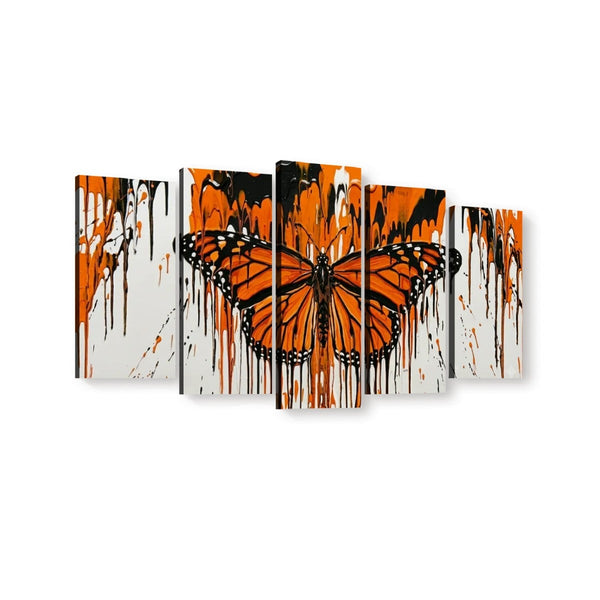 A five-panel canvas wall art set featuring a large orange and black butterfly centered over an abstract dripping paint background in orange, black, white, and gray.