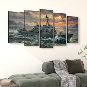 Storm Fury – Warship Battling Rough Seas 5-Panel Canvas Wall Art
