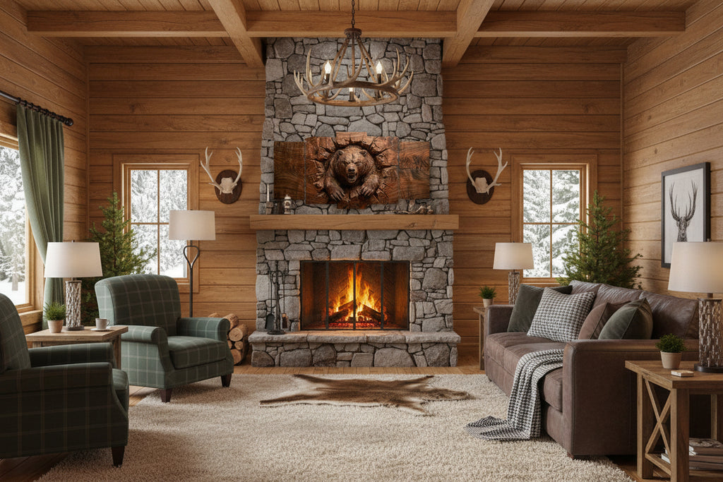 A 5-panel canvas wall art set depicting a roaring bear bursting through wood.
