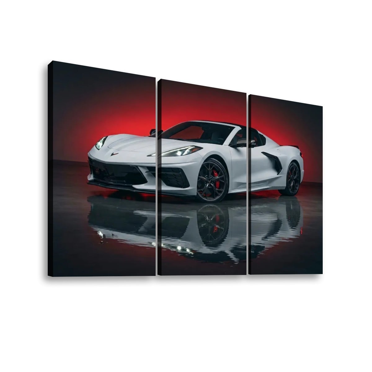 Three-panel canvas wall art showing a white sports car on a dark reflective surface with a red gradient background, displayed against a light gray wall.