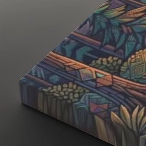 A close-up angled view of a rectangular canvas or print featuring an abstract stained-glass-like design in teal, purple, blue, gold, and brown tones, set against a dark gray background.