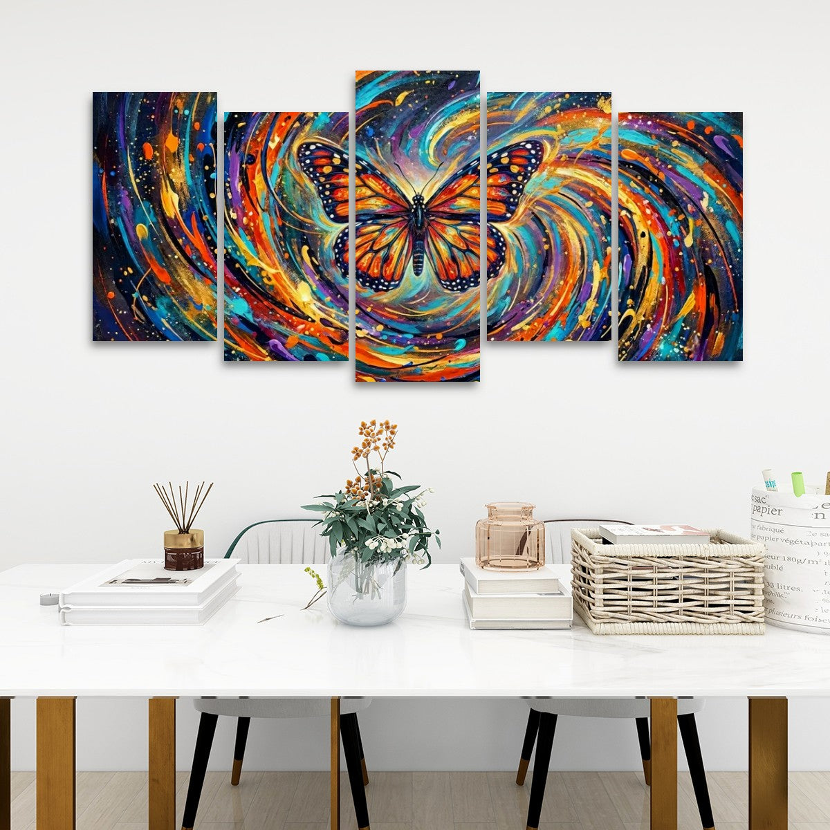 Monarch Butterfly Cosmic Vortex Canvas Wall Art | 1, 3 & 5-Panel Print | Colorful Abstract Butterfly Décor | Gallery-Wrapped