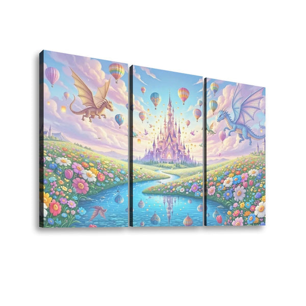 A three-panel canvas wall art set depicting a whimsical fantasy landscape with a pastel castle, dragons flying overhead, hot air balloons, a river, and colorful flowers. The artwork is shown against a plain white background.