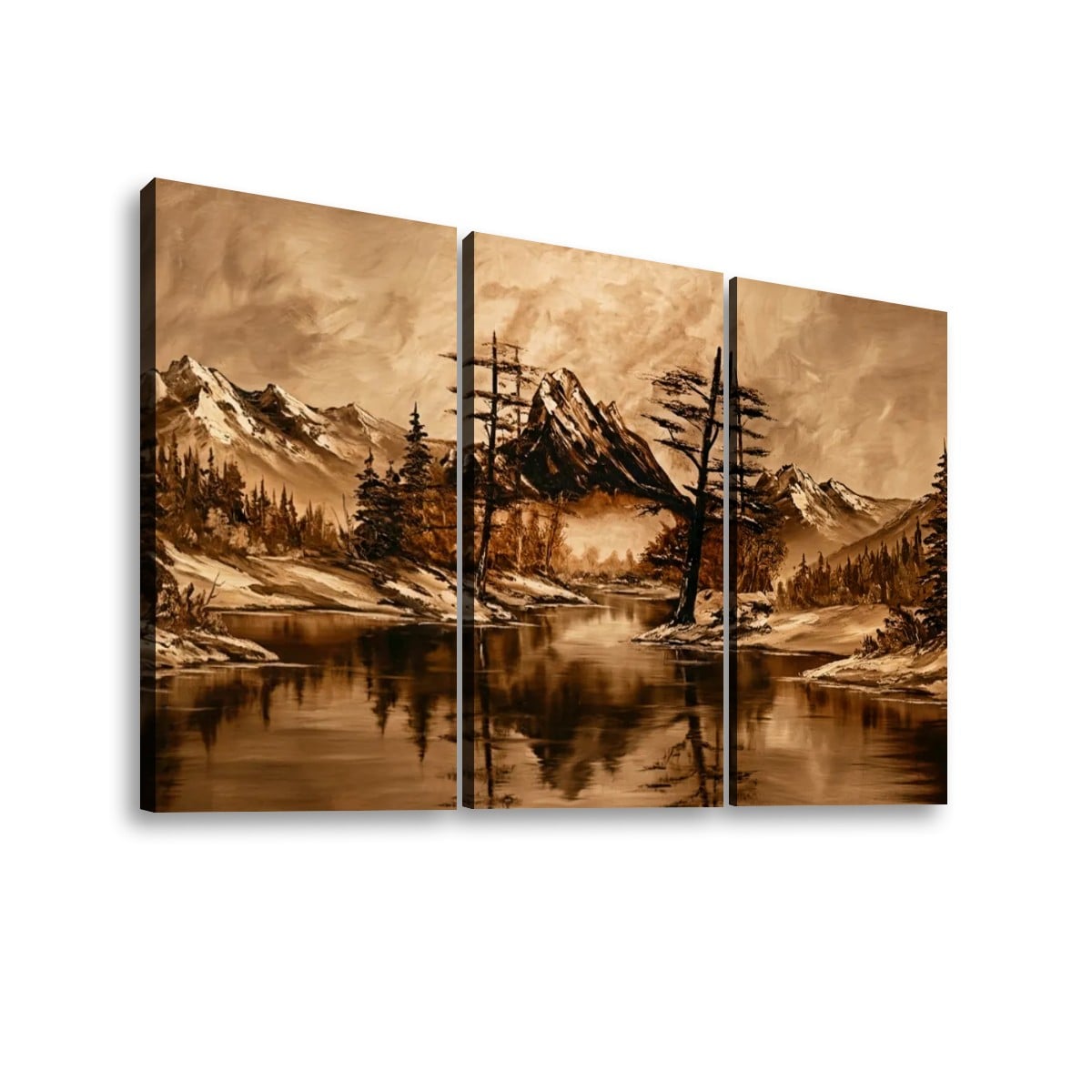 A three-panel canvas wall art set depicting a sepia-toned mountain landscape with a reflective lake, trees, and snowy peaks, shown against a plain white background.