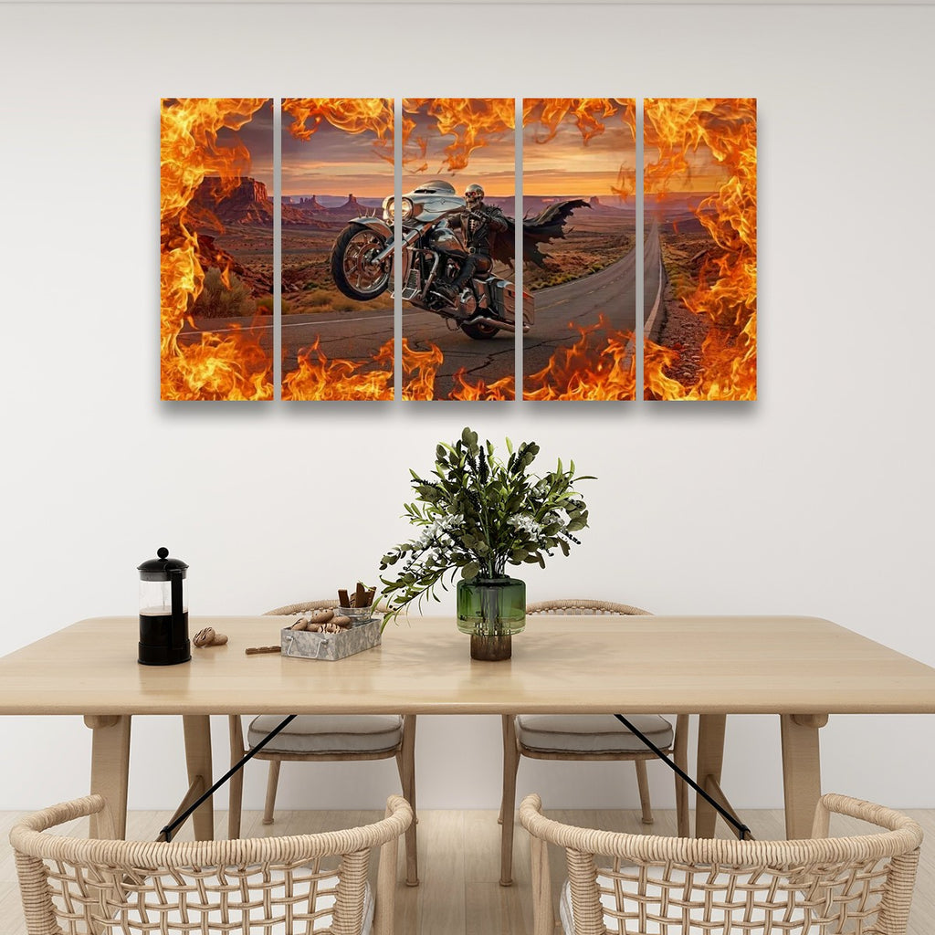 Skeleton Fire Bagger Chrome Motorcycle Tank, Saddlebags w/ Fire Split Canvas Panel Wall Art