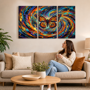 Monarch Butterfly Cosmic Vortex Canvas Wall Art | 1, 3 & 5-Panel Print | Colorful Abstract Butterfly Décor | Gallery-Wrapped