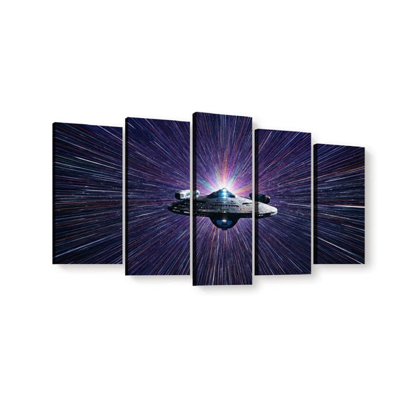 A 5-panel canvas wall art set depicting the Millennium Falcon traveling through a starburst space scene, shown against a plain white background.
