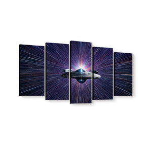 A 5-panel canvas wall art set depicting the Millennium Falcon traveling through a starburst space scene, shown against a plain white background.