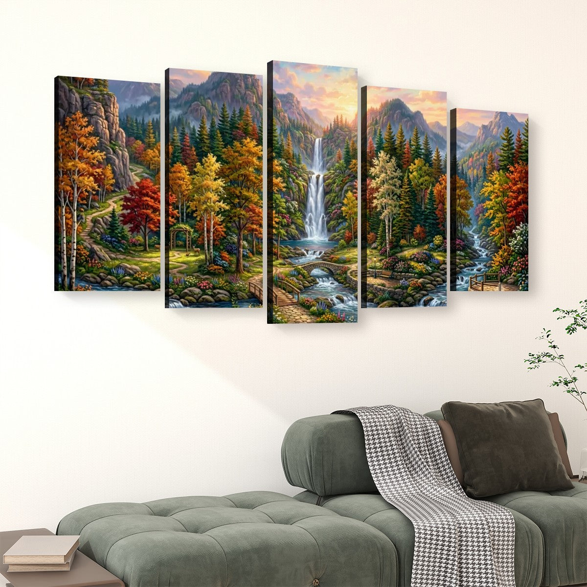 Waterfall Landscape Mountain Multi-Color Scene 5-Panel Canvas Wall Art
