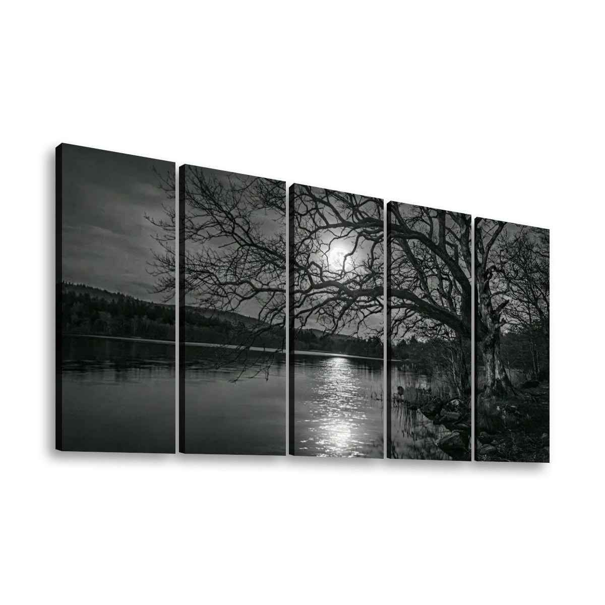 A five-panel black and white canvas wall art set depicting a moody lakeside scene with bare tree branches, dark water, distant hills, and bright moonlight reflection, shown against a plain white background.