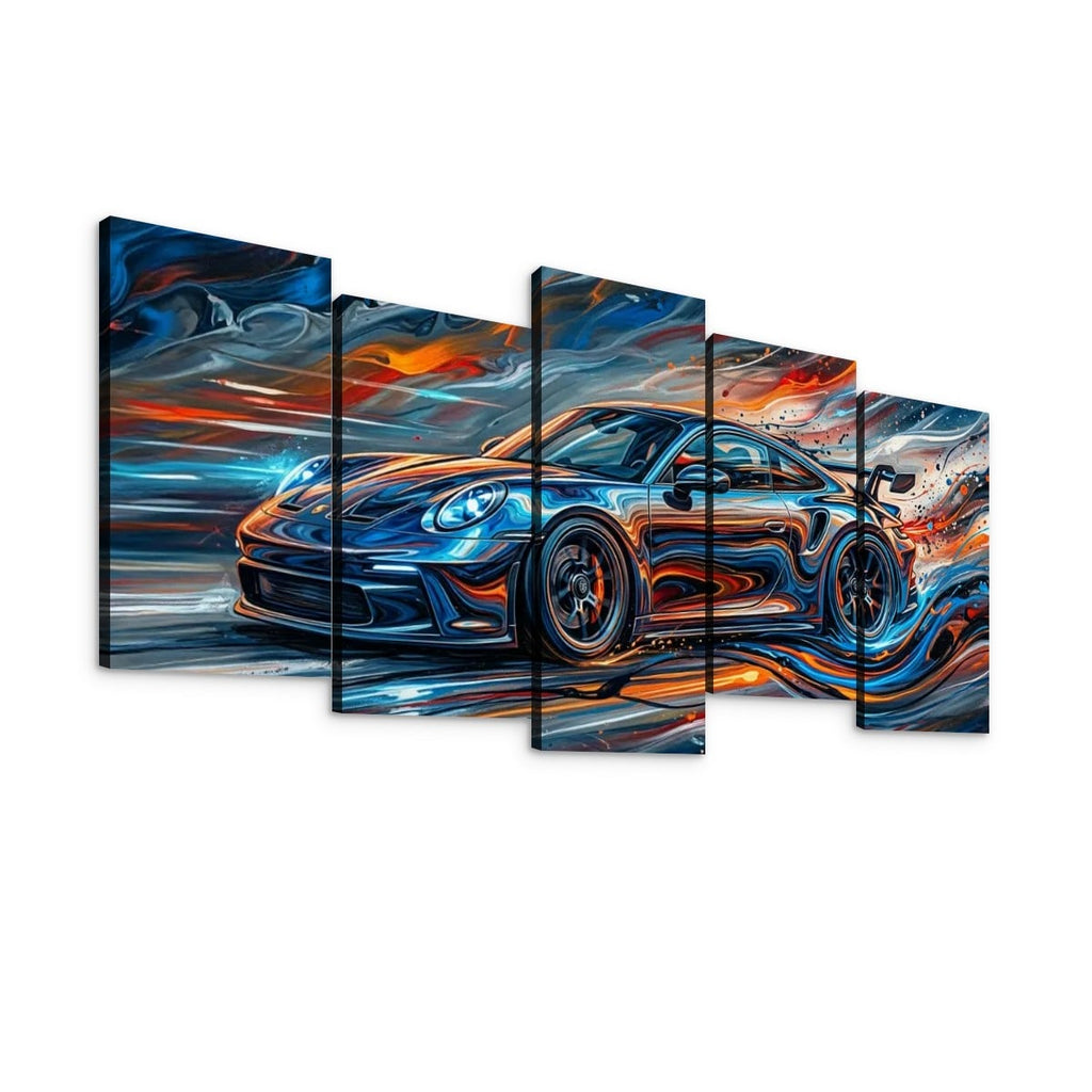 A five-panel canvas wall art set depicting a blue sports car in motion with swirling abstract brushstrokes in orange, white, and dark tones, shown against a plain white background.