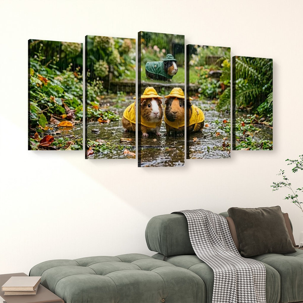 3 Guinea Pigs Playing in the Rain | 5-Panel Level Canvas Wall Art | 1, 3, 5 Panel