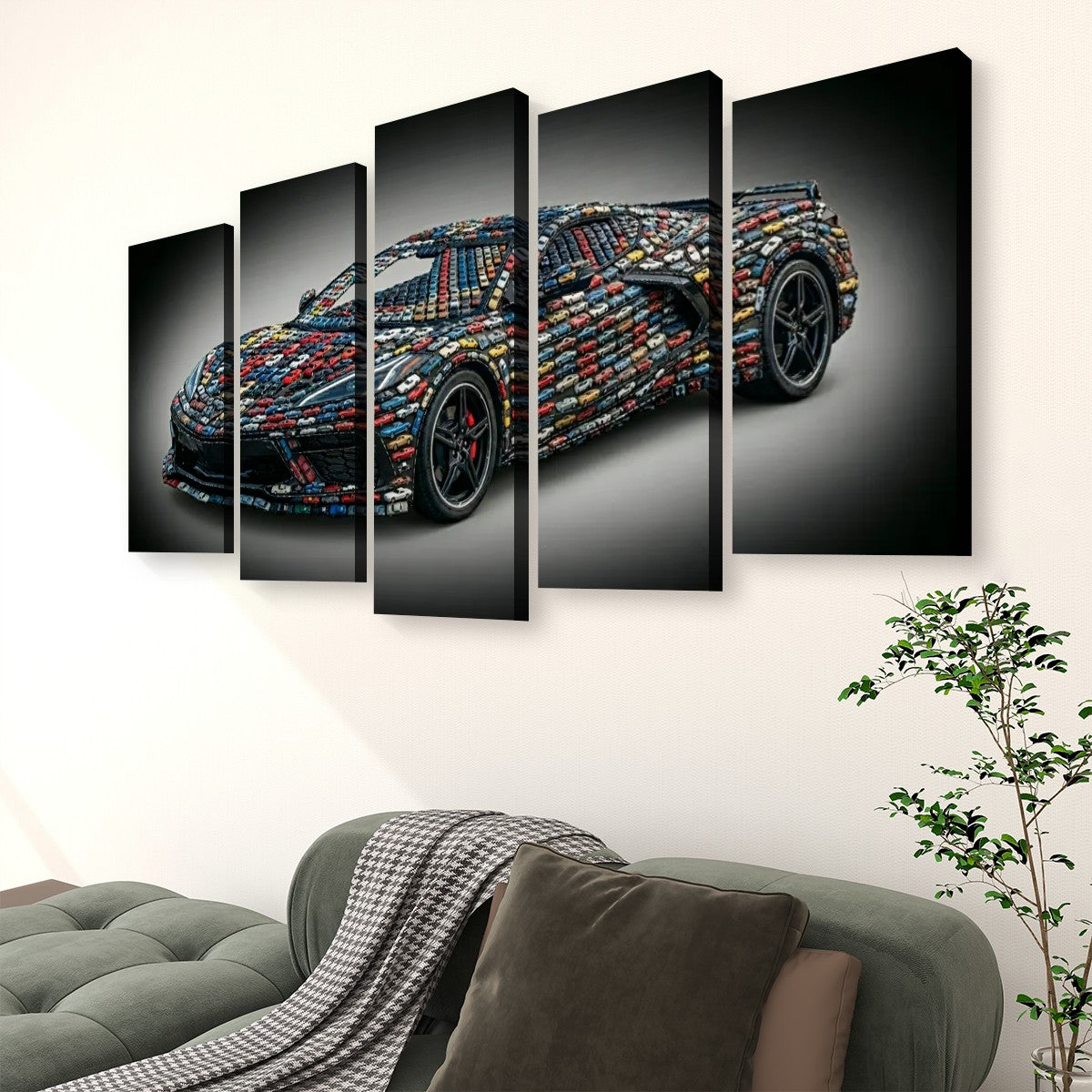 A 5-panel canvas wall art set depicting a sports car covered in colorful mosaic tiles, displayed on a light beige wall above a green sofa in a living room setting.