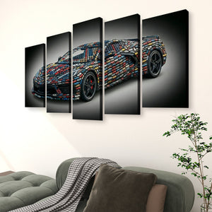 A 5-panel canvas wall art set depicting a sports car covered in colorful mosaic tiles, displayed on a light beige wall above a green sofa in a living room setting.