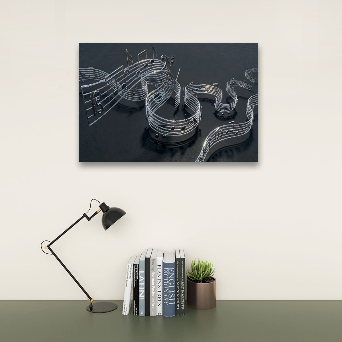 Chrome Musical Notes & Ribbon Split Canvas Panel Wall Art Decor