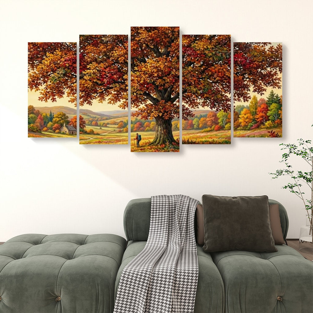 A five-panel canvas wall art set depicting a large autumn tree with colorful foliage and a small landscape scene, displayed above a green sofa in a living room setting.