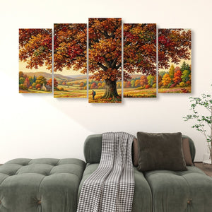 A five-panel canvas wall art set depicting a large autumn tree with colorful foliage and a small landscape scene, displayed above a green sofa in a living room setting.