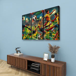 A three-panel canvas wall art set depicting a colorful soccer match scene, displayed on a light blue wall above a wooden console table with decorative items.