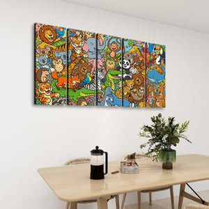 A six-panel canvas wall art set featuring a colorful, busy cartoon jungle animal scene, displayed on a white wall above a light wood dining table with a plant and coffee press.