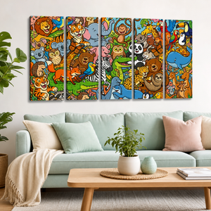 Wild & Whimsical Cartoon Animal Collage Kids Canvas Wall Art | 1, 3 & 5 Panel Playroom & Bedroom Print