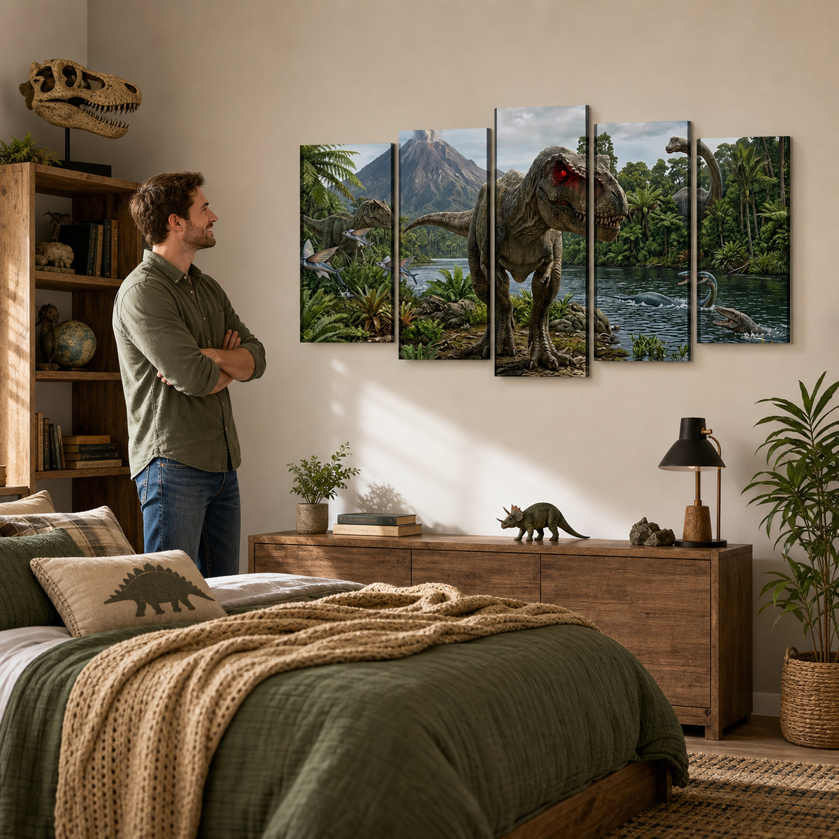 T-Rex & Carnivores Canvas Wall Art – Prehistoric Fury Dinosaur Print | 1, 3 & 5 Panel Kids & Game Room