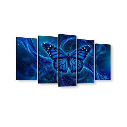 A five-panel canvas wall art set featuring a vibrant blue Monarch butterfly with black and white wing details over a swirling cosmic blue and purple background, displayed on a clean white wall.