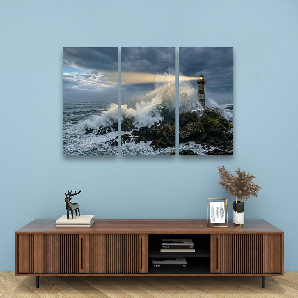 Stormy Lighthouse Canvas Wall Art – Dramatic Coastal Storm Scene | 1, 3 & 5 Panel Home Décor Print