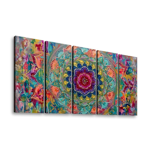 A five-panel canvas wall art set featuring a vibrant, colorful abstract mandala design with a central floral motif in shades of teal, purple, pink, orange, and yellow, shown against a plain white background.