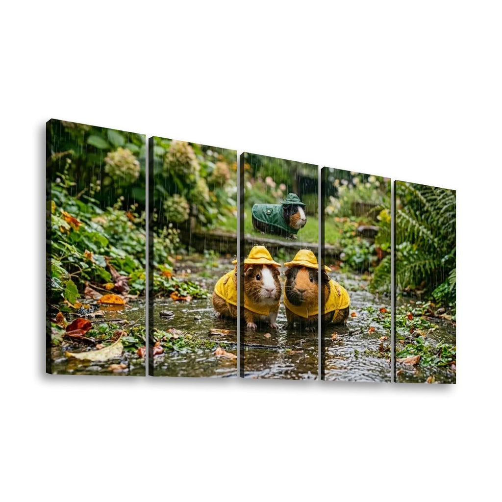 3 Guinea Pigs Playing in the Rain | 5-Panel Level Canvas Wall Art | 1, 3, 5 Panel
