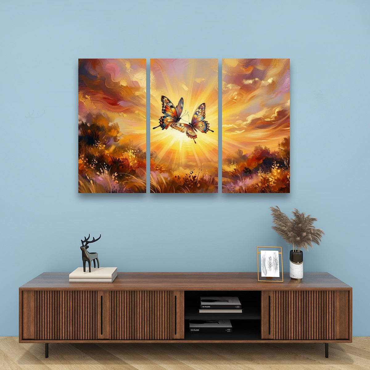 Golden Hour Butterflies Canvas Wall Art – Warm & Ethereal Abstract Print | 1, 3 & 5 Panel