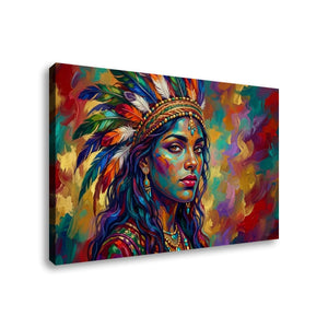 A colorful canvas wall art print featuring a stylized portrait of a woman with a feathered headdress, shown at a slight angle against a plain white background.