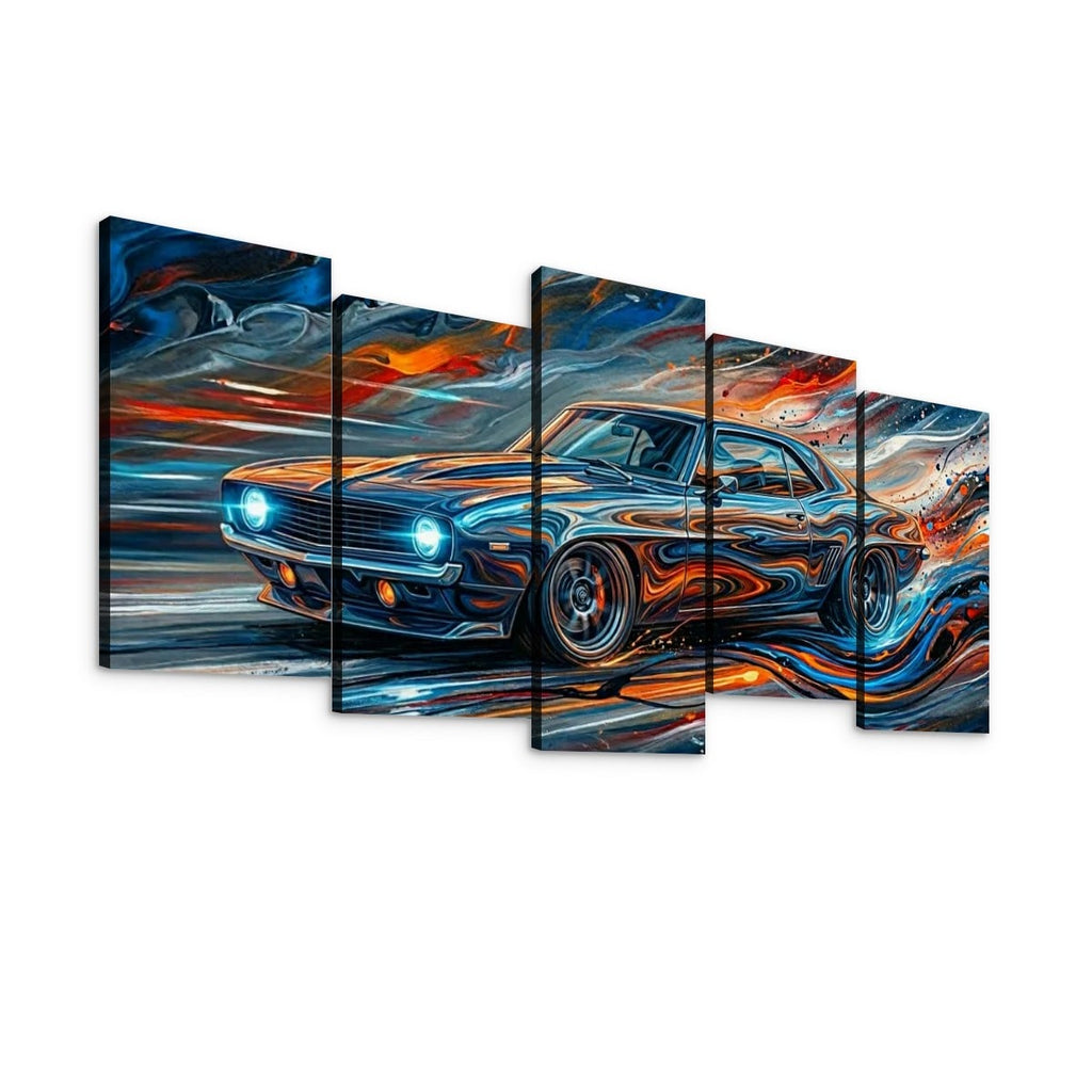 A five-panel canvas wall art set depicting a stylized 1969  Camaro blue classic muscle car with swirling orange, red, and white brushstroke effects on a white background.