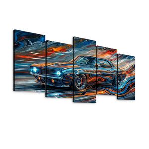 A five-panel canvas wall art set depicting a stylized 1969  Camaro blue classic muscle car with swirling orange, red, and white brushstroke effects on a white background.