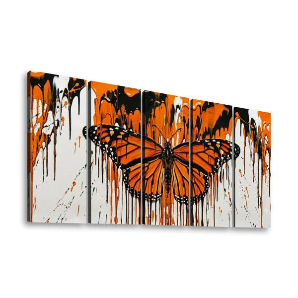 Monarch Butterfly Dripping Paint Canvas Wall Art – Reign of Color | 5-Panel Abstract Print