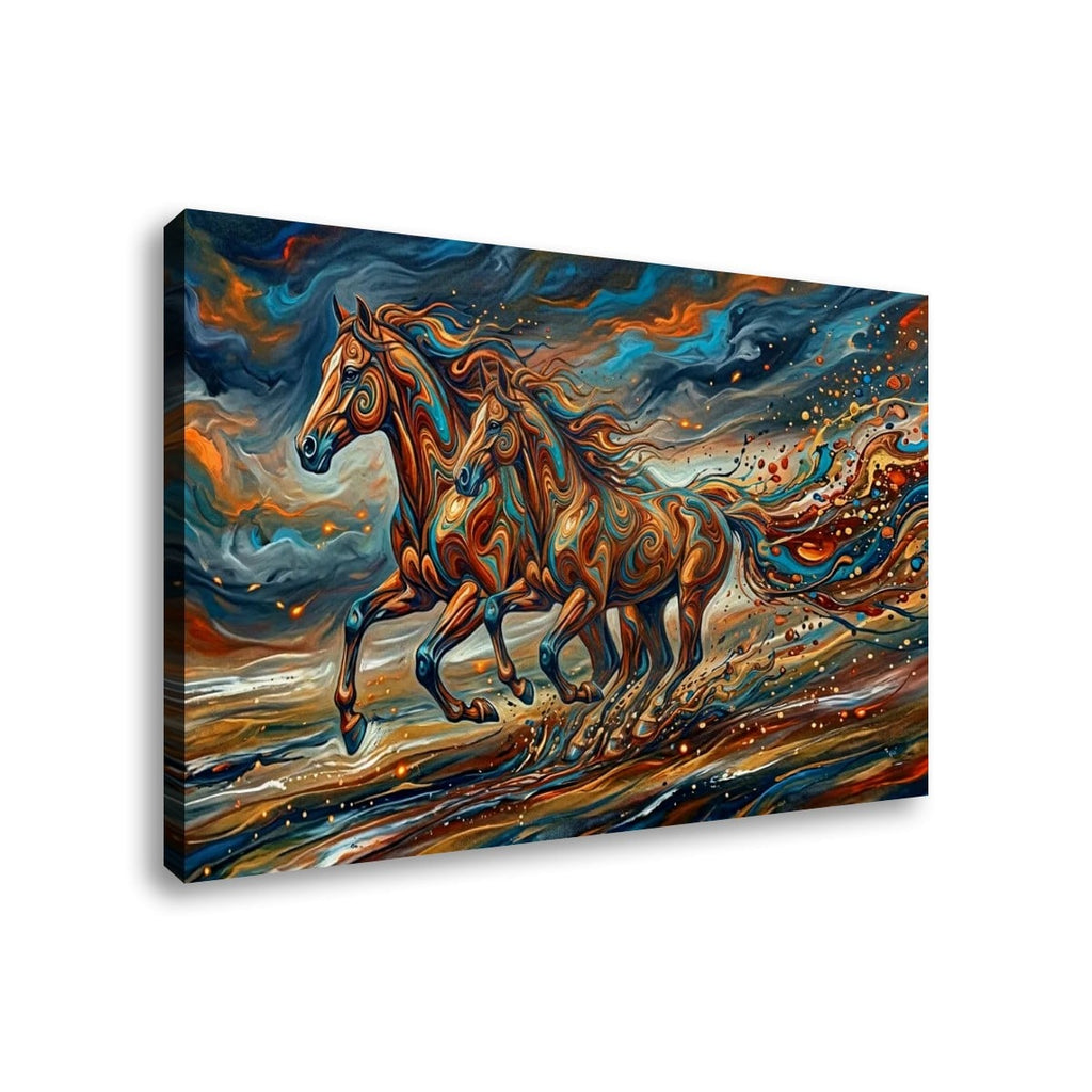 A rectangular canvas wall art print showing two galloping horses in a swirling, painterly sky with blue, orange, brown, and white tones, photographed against a plain white background.