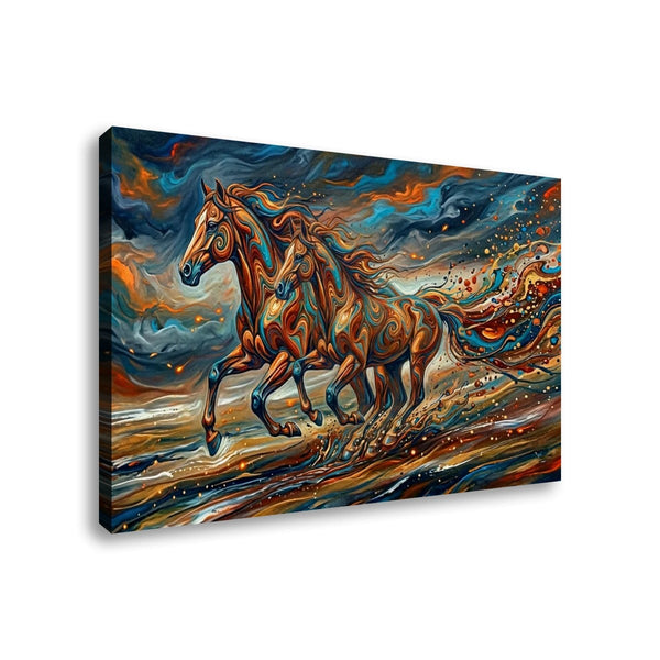 A rectangular canvas wall art print showing two galloping horses in a swirling, painterly sky with blue, orange, brown, and white tones, photographed against a plain white background.